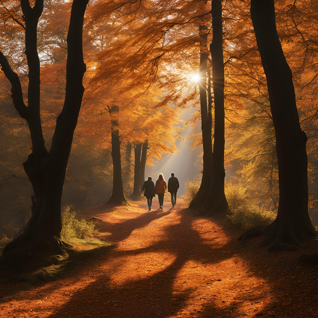 Un bosque en otoño recibe un paseo en calma de un grupo de personas